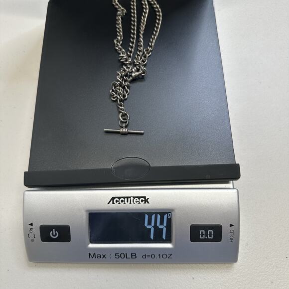 Antique English Sterling Silver Double Albert Watch Chain with 2 Dog Clips 44g - Picture 4 of 4